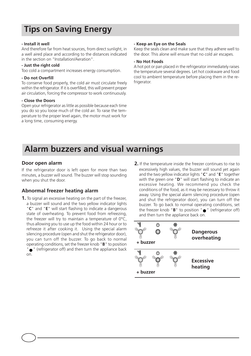 Tips on saving energy, Alarm buzzers and visual warnings | Indesit BA35FNF P UK User Manual | Page 12 / 20