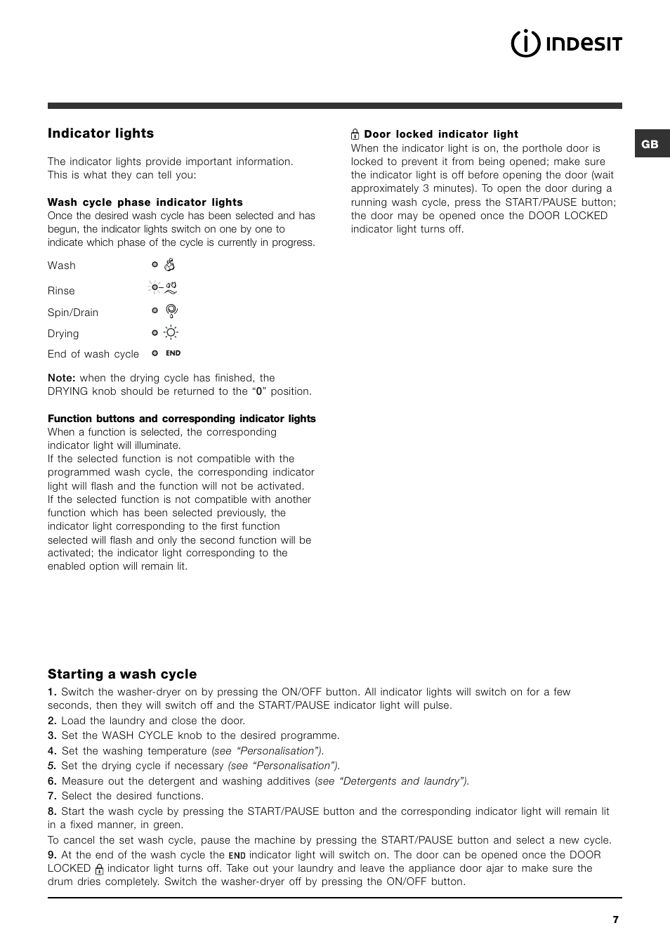 Indicator lights, Starting a wash cycle | Indesit IWDD7123S User Manual | Page 7 / 16