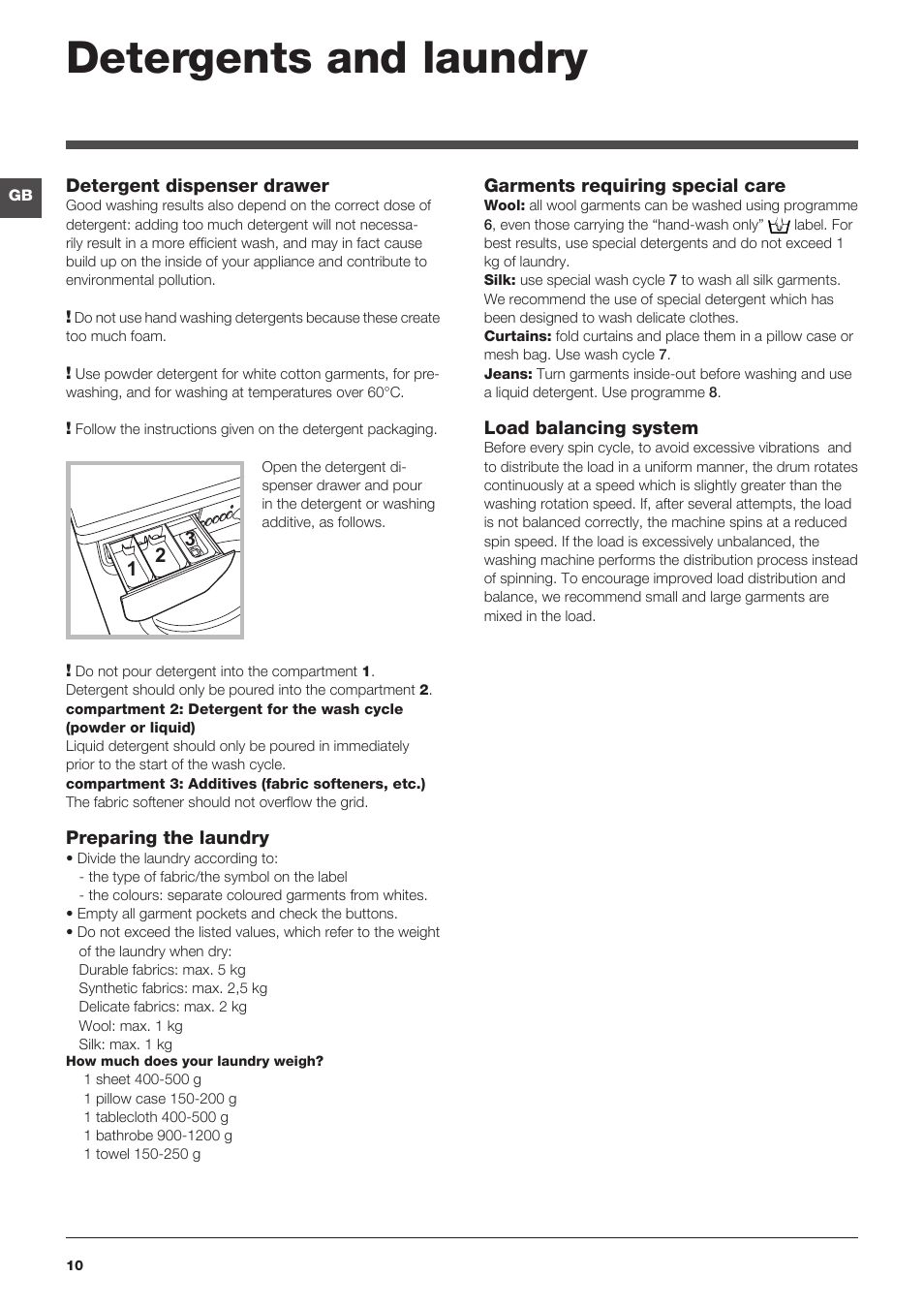 Detergents and laundry | Indesit IWD5123UKE User Manual | Page 10 / 16