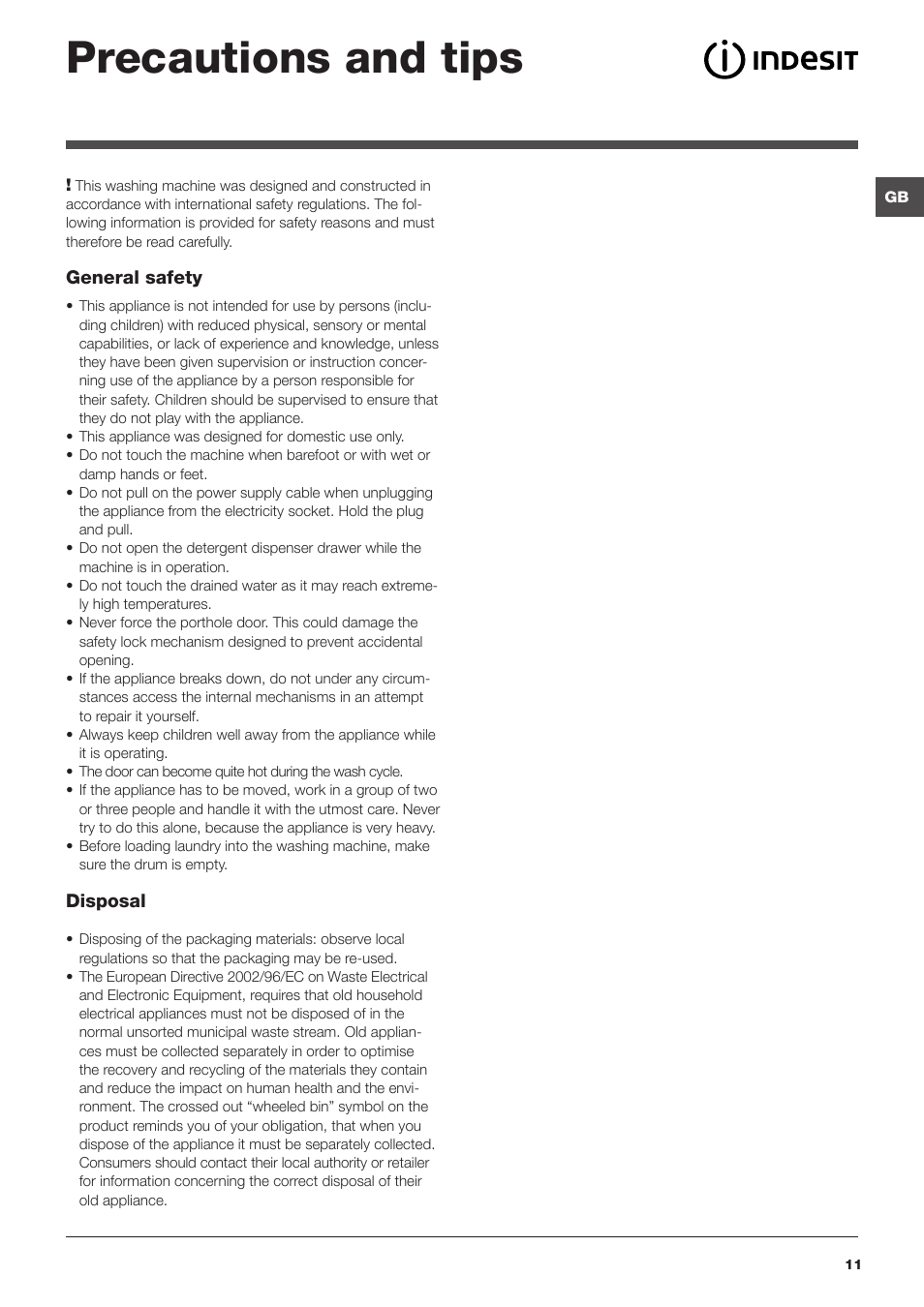 Precautions and tips | Indesit IWD5123UKE User Manual | Page 11 / 16