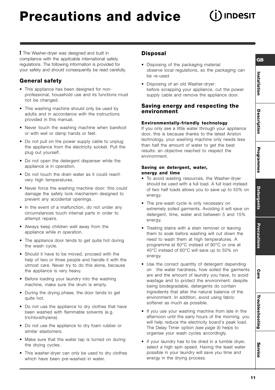 Precautions and advice, General safety, Disposal | Saving energy and respecting the environment | Indesit WIDL126SUK Hot & Cold Fill User Manual | Page 11 / 16