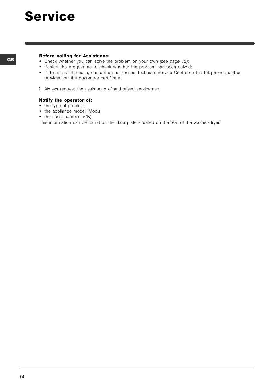 Service | Indesit WIDL126SUK Hot & Cold Fill User Manual | Page 14 / 16