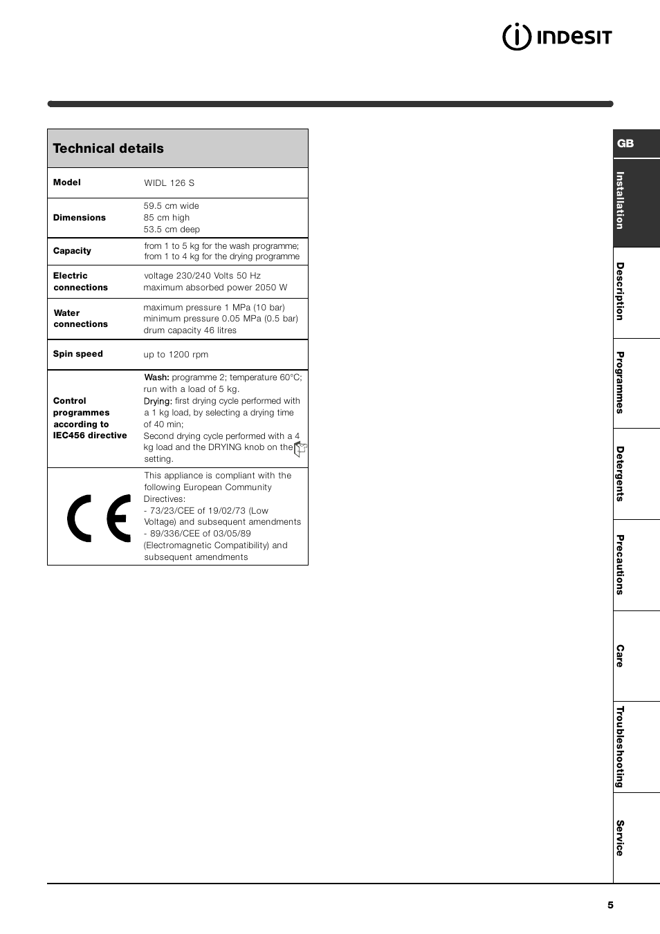 Technical details | Indesit WIDL126SUK Hot & Cold Fill User Manual | Page 5 / 16