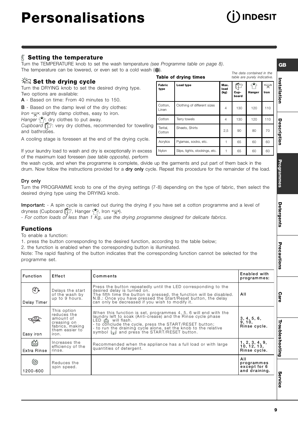 Personalisations, Setting the temperature, Set the drying cycle | Functions | Indesit WIDL126SUK Hot & Cold Fill User Manual | Page 9 / 16