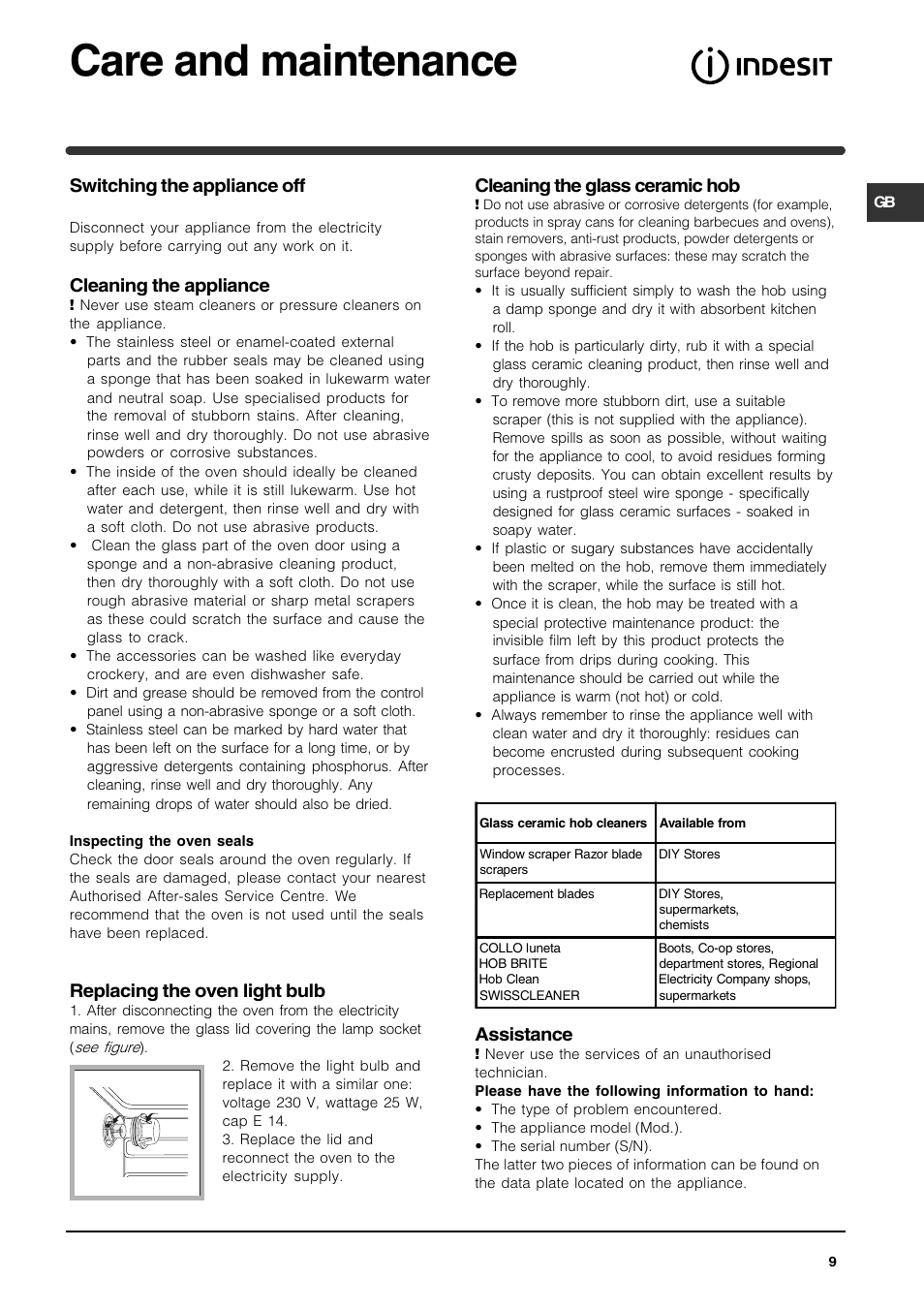 Care and maintenance, Switching the appliance off, Cleaning the appliance | Replacing the oven light bulb, Cleaning the glass ceramic hob, Assistance | Indesit KP9C11SX-G User Manual | Page 9 / 12