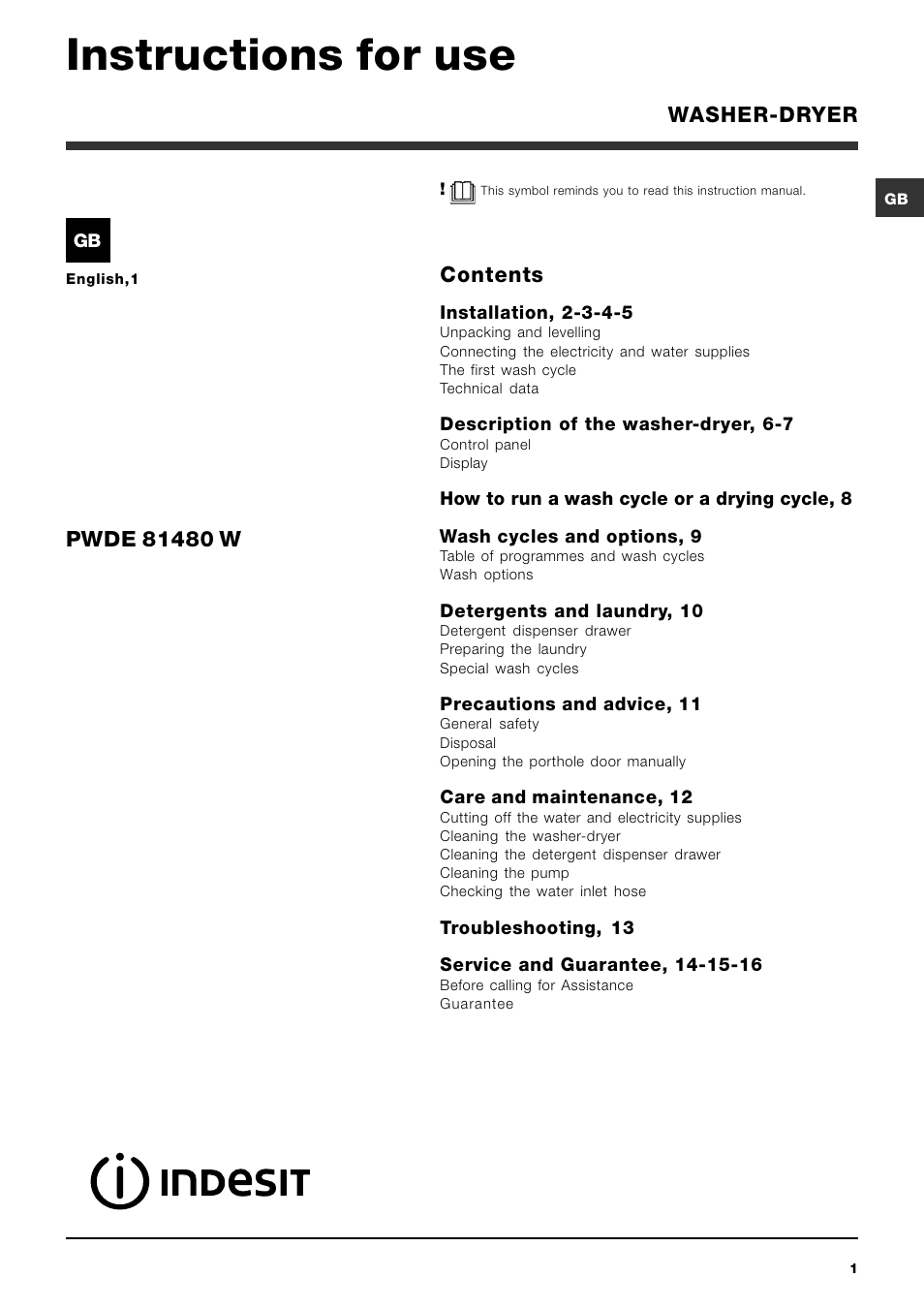 Indesit PWDE81480WUK User Manual | 16 pages
