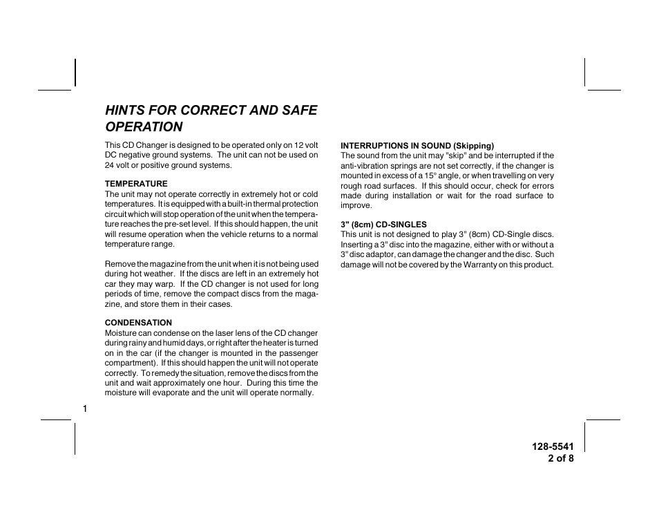 Hints for correct and safe operation | Audiovox SP-10CD User Manual | Page 2 / 8
