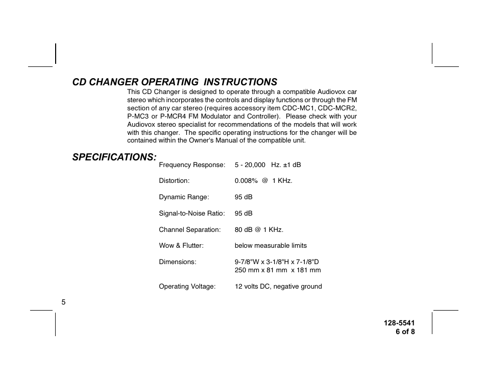 Cd changer operating instructions, Specifications | Audiovox SP-10CD User Manual | Page 6 / 8