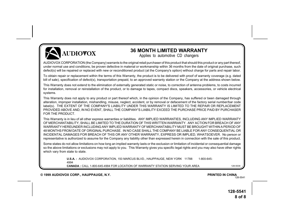 36 month limited warranty, Applies to automotive cd changers | Audiovox SP-10CD User Manual | Page 8 / 8