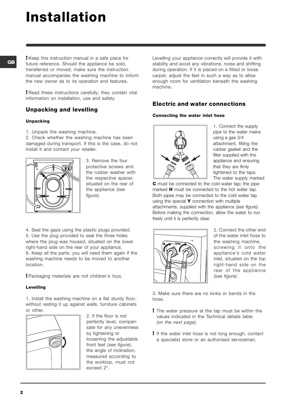 Installation, Unpacking and levelling, Electric and water connections | Indesit WIL143S User Manual | Page 2 / 16