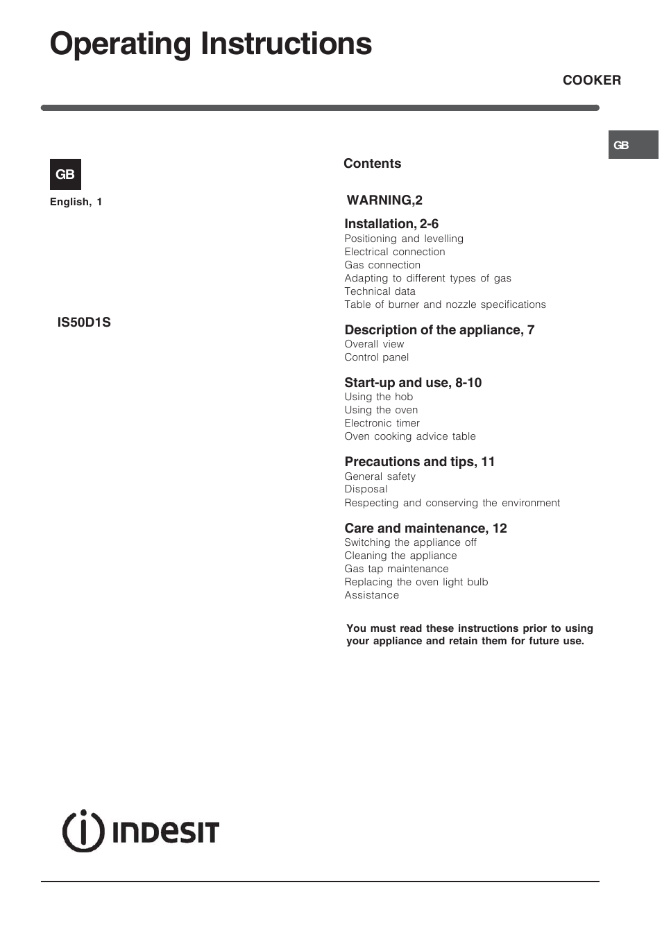 Indesit IS50D1XXS User Manual | 12 pages