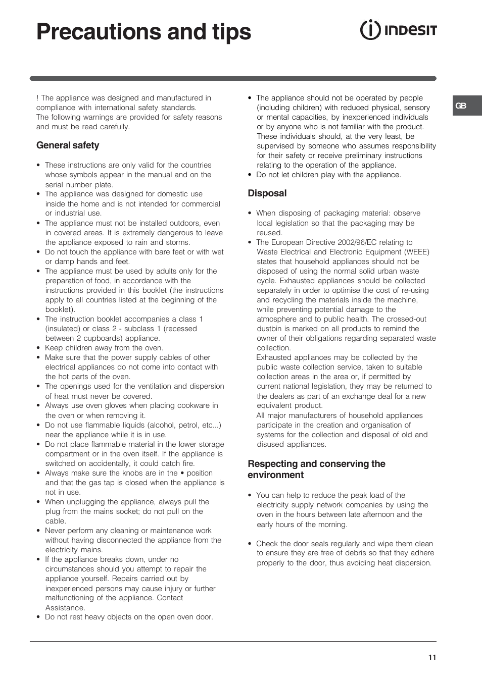 Precautions and tips | Indesit IS50D1XXS User Manual | Page 11 / 12