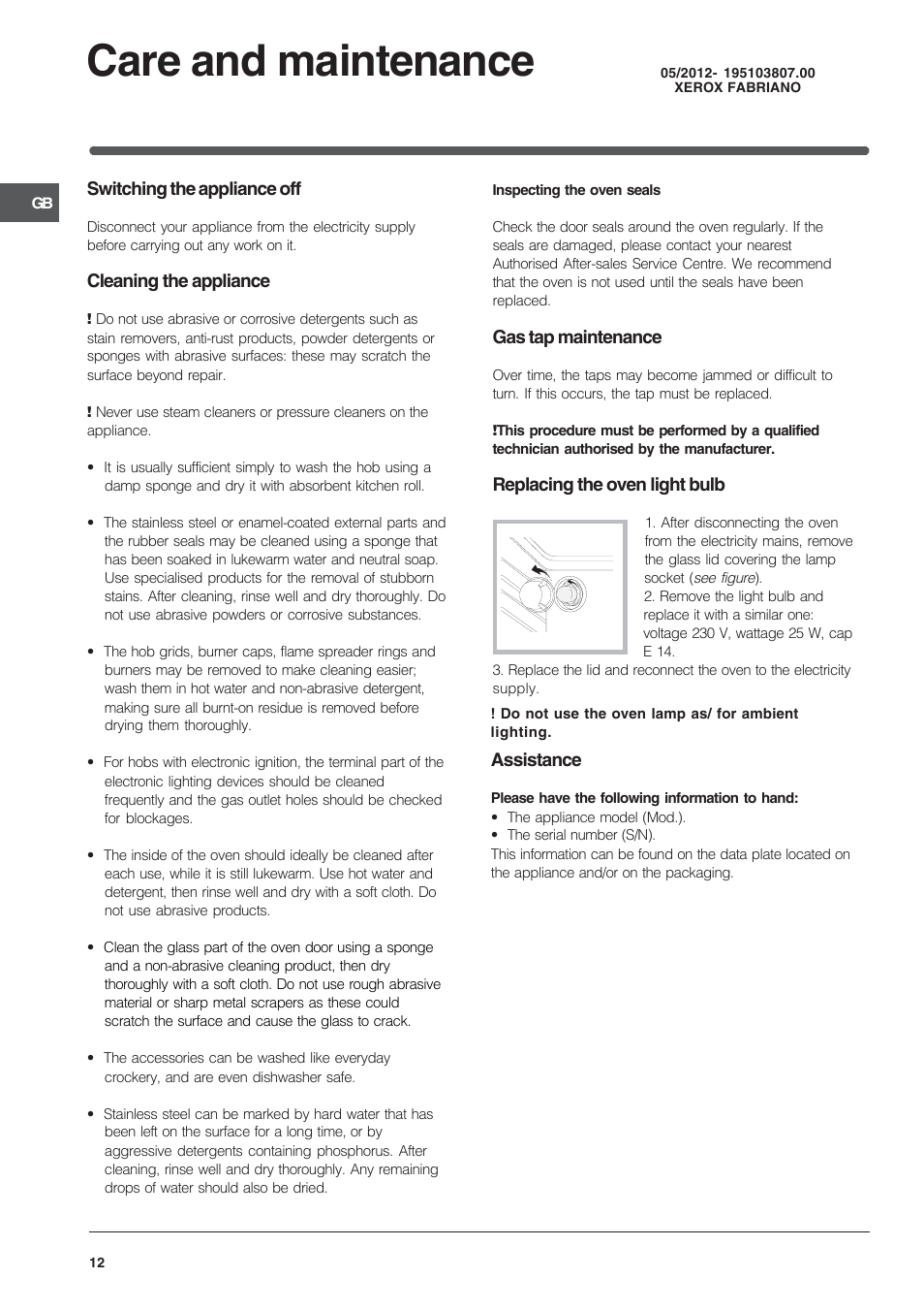 Care and maintenance | Indesit IS50D1XXS User Manual | Page 12 / 12