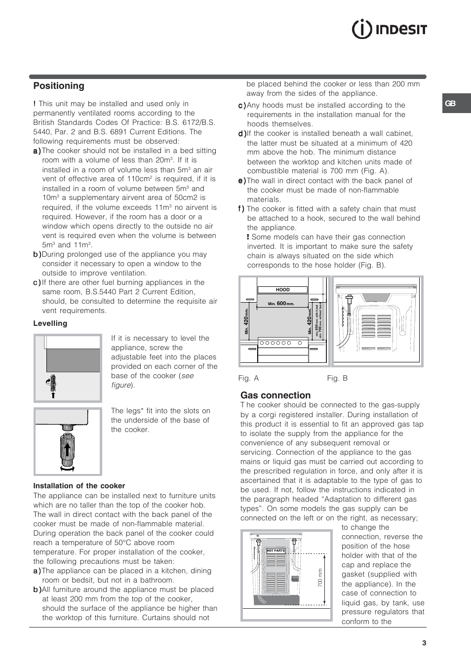 Gas connection, Positioning | Indesit IS50D1XXS User Manual | Page 3 / 12