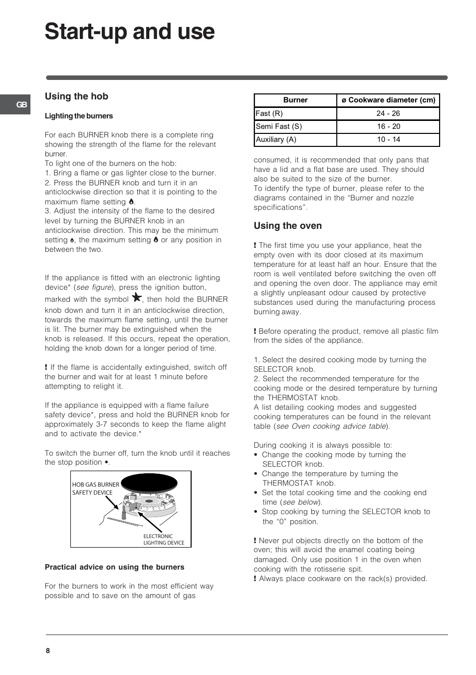 Start-up and use | Indesit IS50D1XXS User Manual | Page 8 / 12
