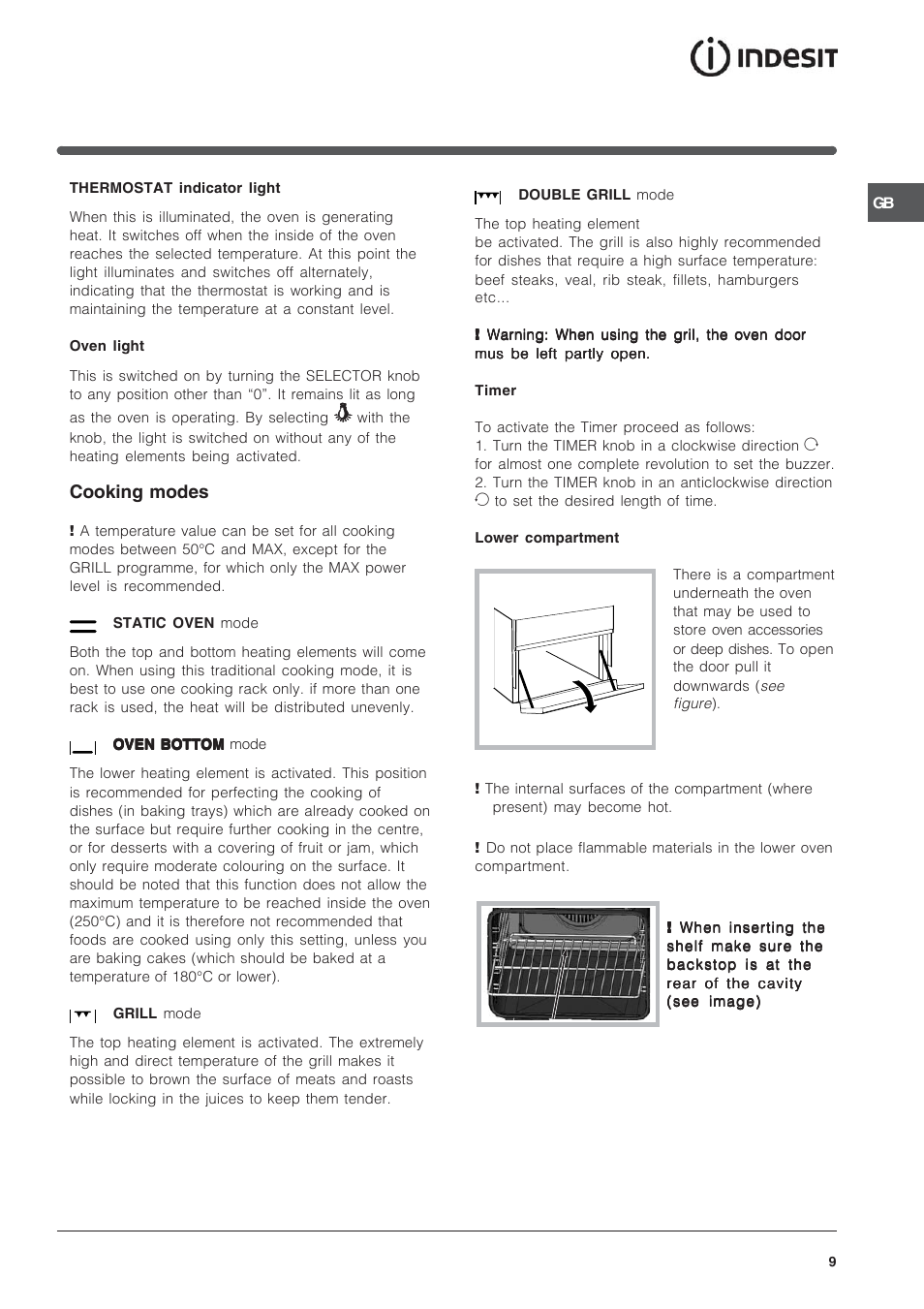 Cooking modes | Indesit IS50D1XXS User Manual | Page 9 / 12