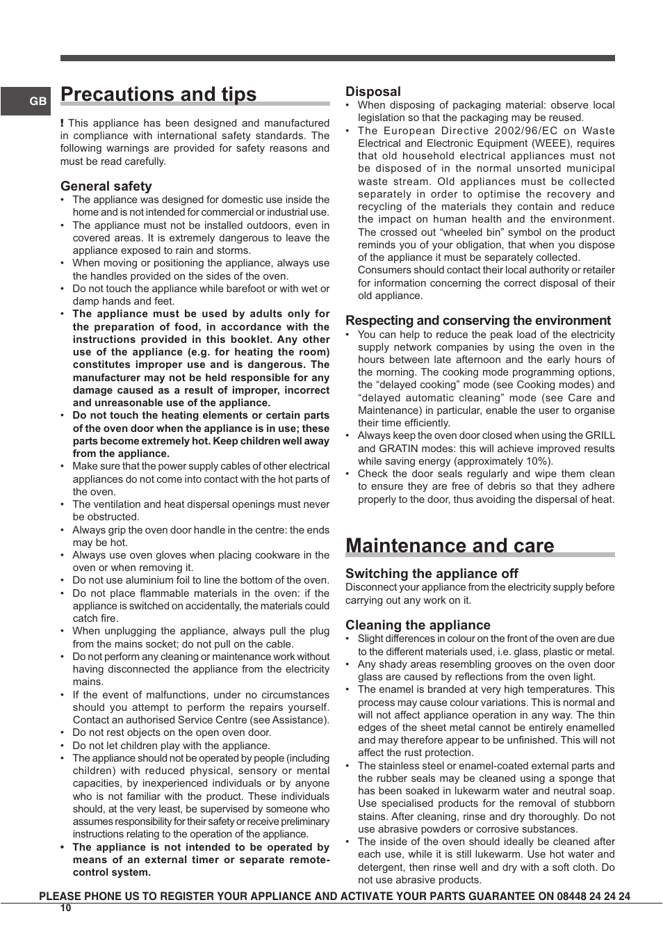 Precautions and tips, Maintenance and care | Indesit IF63KAIXUKS User Manual | Page 10 / 16