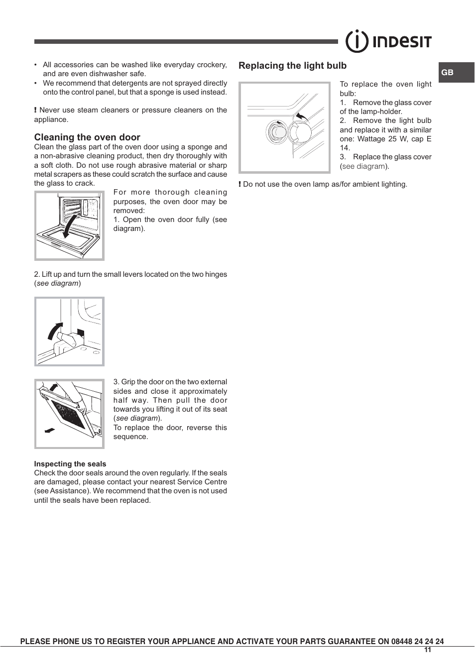 Cleaning the oven door, Replacing the light bulb | Indesit IF63KAIXUKS User Manual | Page 11 / 16