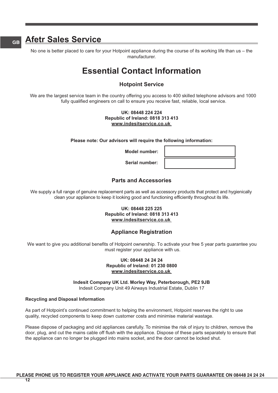 Afetr sales service, Essential contact information | Indesit IF63KAIXUKS User Manual | Page 12 / 16