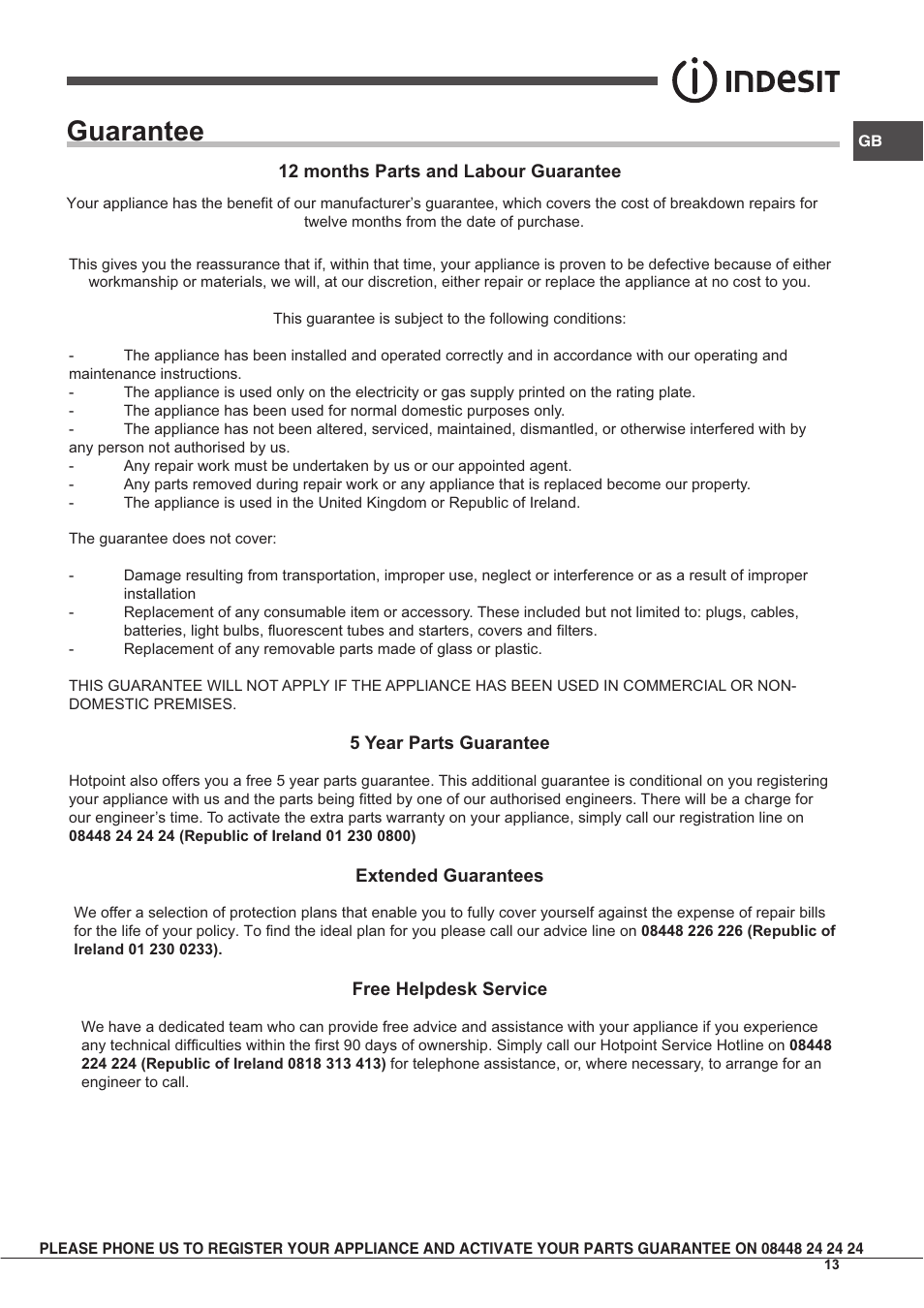 Guarantee | Indesit IF63KAIXUKS User Manual | Page 13 / 16