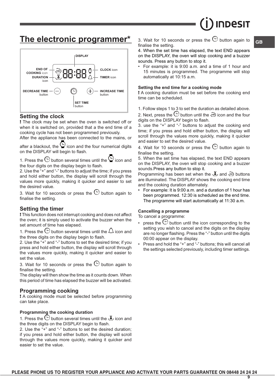 The electronic programmer, Setting the clock, Setting the timer | Programming cooking | Indesit IF63KAIXUKS User Manual | Page 9 / 16