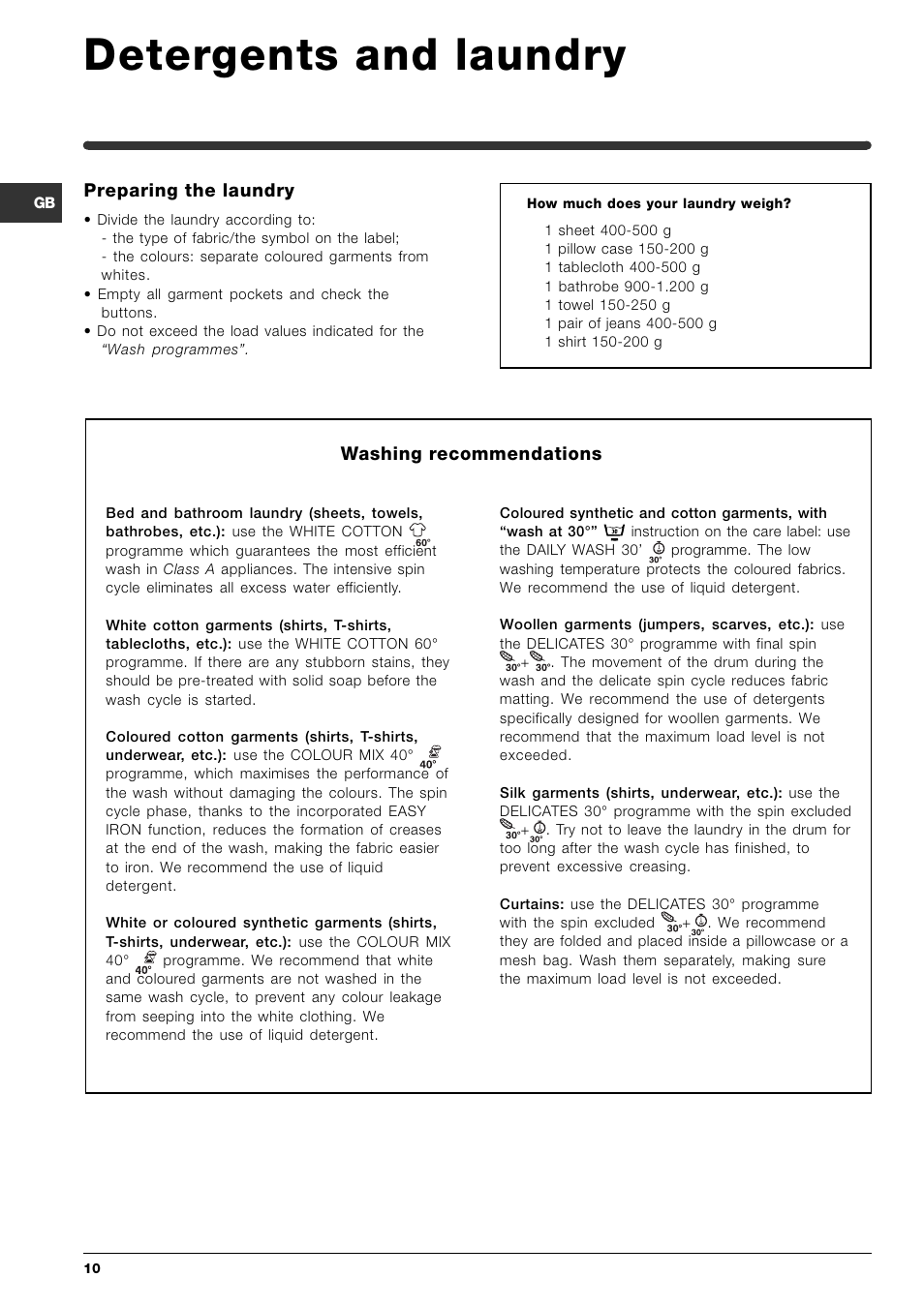 Detergents and laundry, Washing recommendations, Preparing the laundry | Indesit SIXL145S User Manual | Page 10 / 16