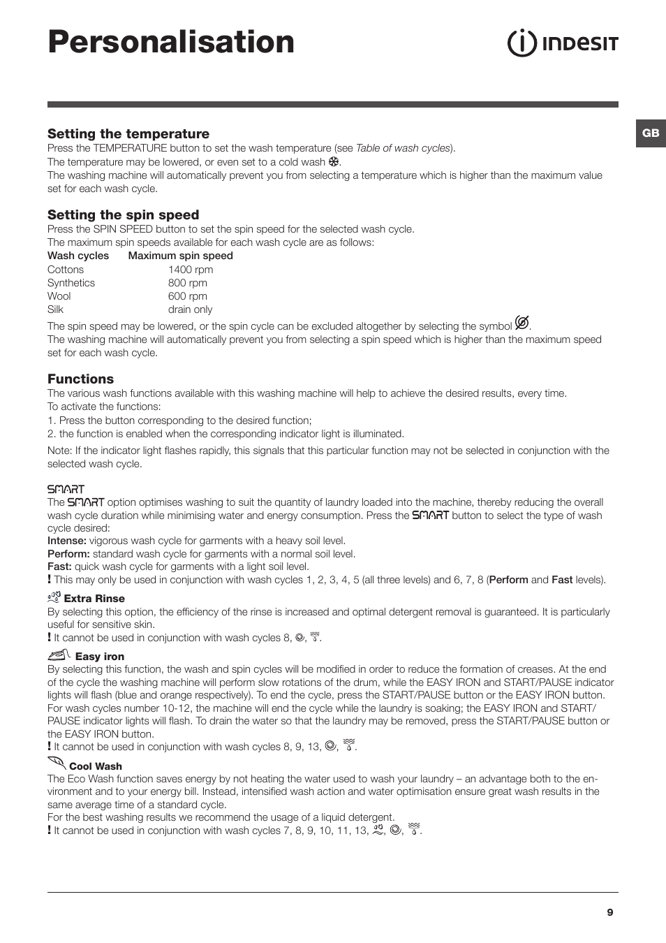 Personalisation | Indesit PWC8148W User Manual | Page 9 / 16