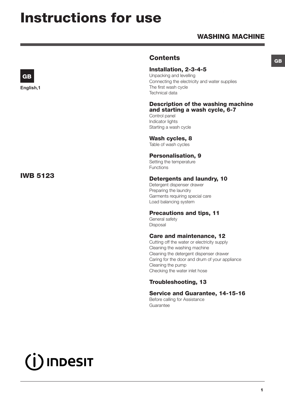 Indesit IWB5123 User Manual | 16 pages