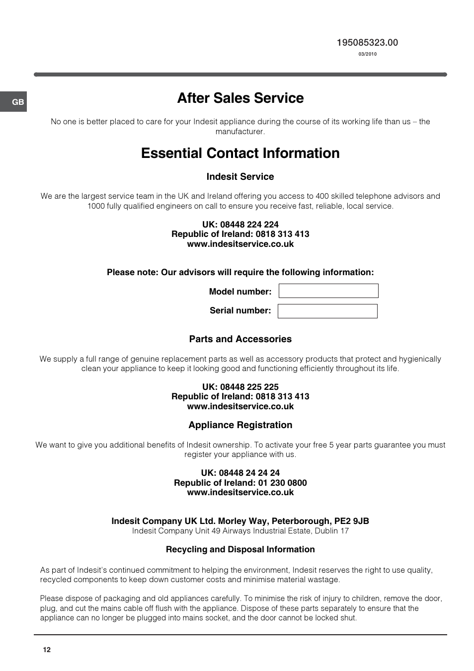 After sales service, Essential contact information | Indesit 3DAS User Manual | Page 12 / 12