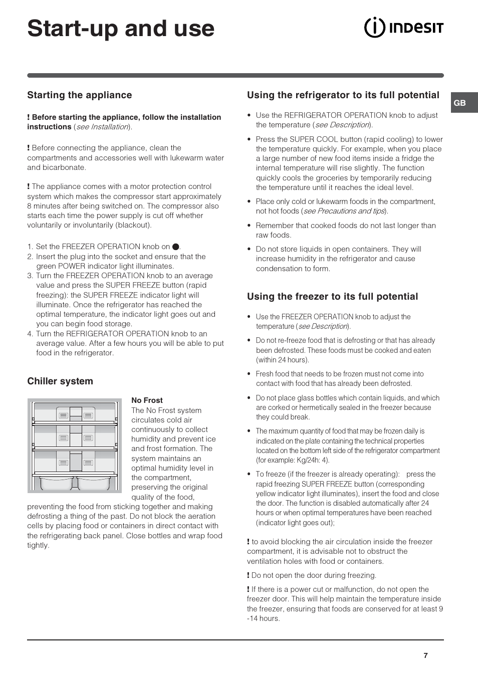 Start-up and use, Starting the appliance, Chiller system | Using the refrigerator to its full potential, Using the freezer to its full potential | Indesit 3DAS User Manual | Page 7 / 12