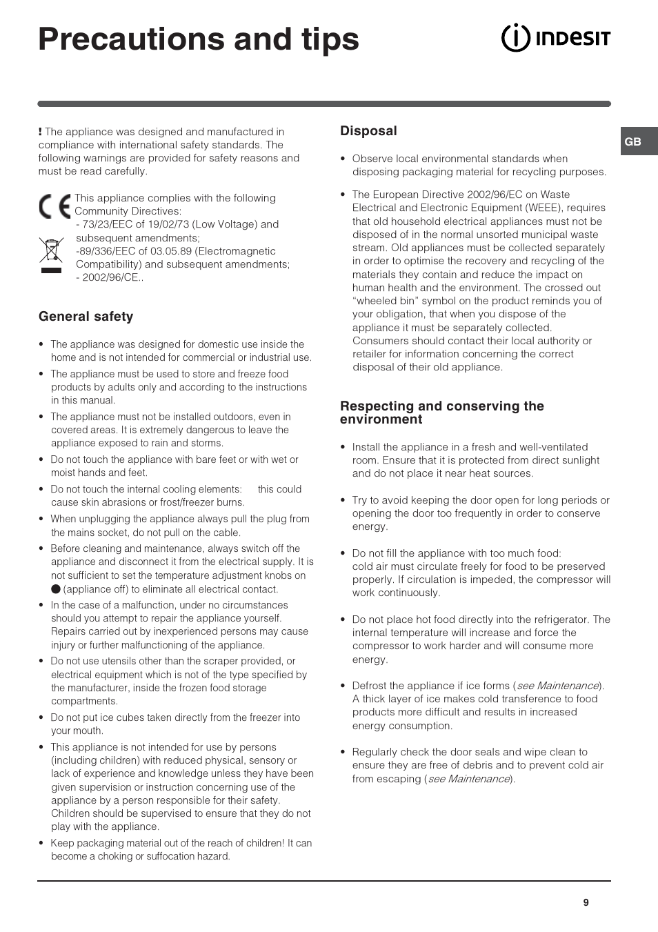 Precautions and tips, Disposal, Respecting and conserving the environment | General safety | Indesit 3DAS User Manual | Page 9 / 12