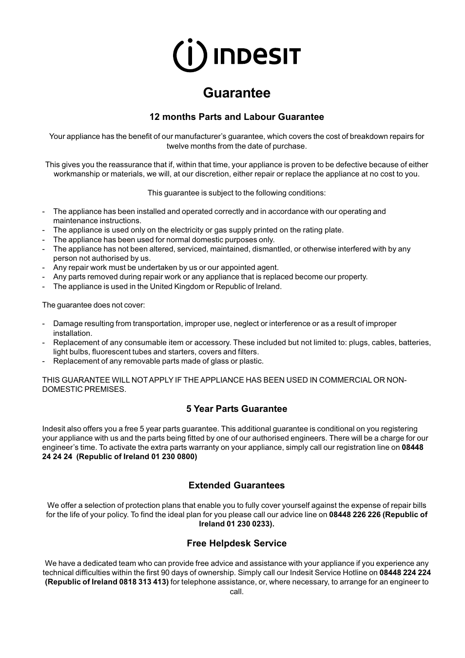 Guarantee | Indesit FIM88KGP-AIXGB User Manual | Page 12 / 16