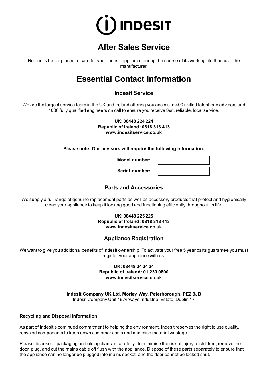 After sales service, Essential contact information | Indesit FIM88KGP-AIXGB User Manual | Page 13 / 16