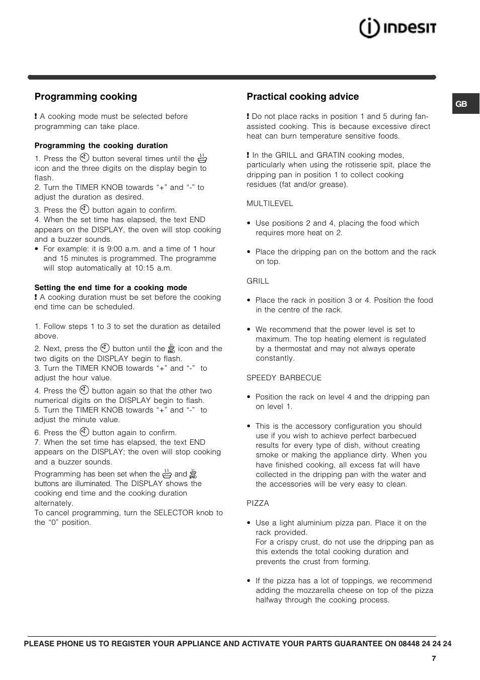 Programming cooking, Practical cooking advice | Indesit FIM88KGP-AIXGB User Manual | Page 7 / 16