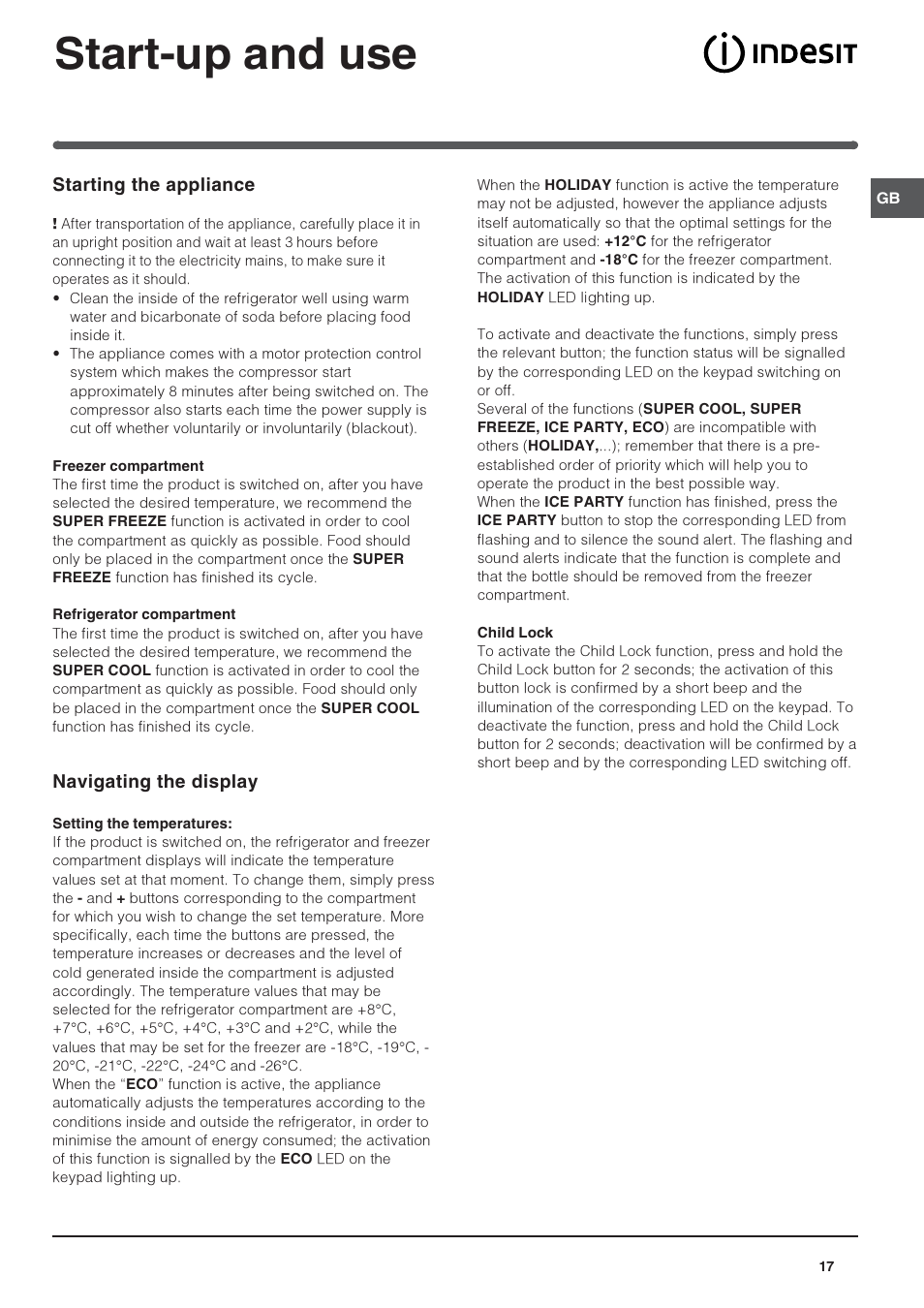 Start-up and use, Starting the appliance, Navigating the display | Indesit PBAA34NFXD User Manual | Page 5 / 12