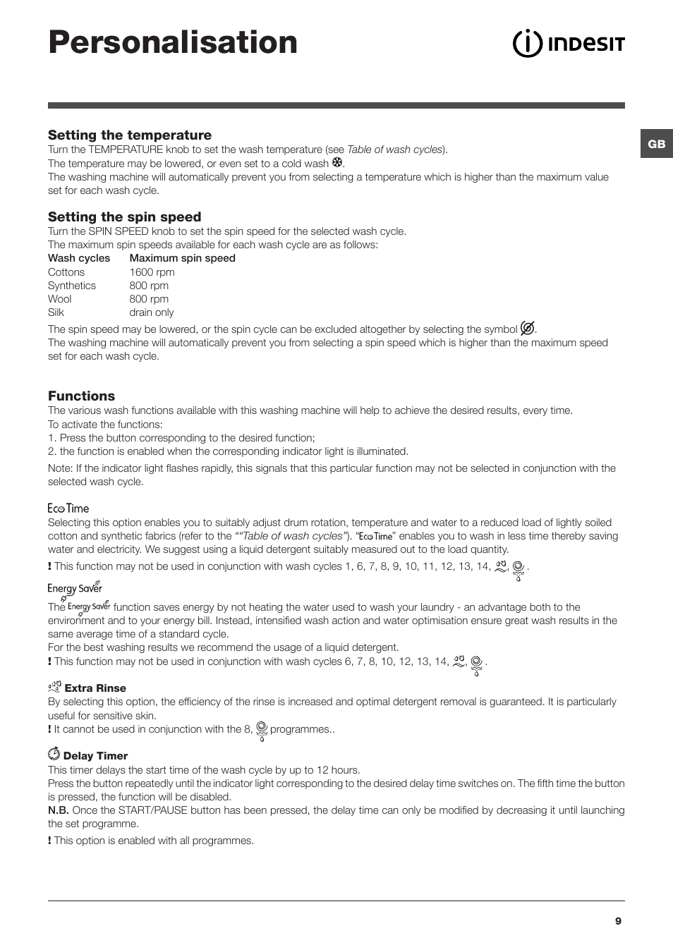 Personalisation | Indesit IWC61651SECO User Manual | Page 9 / 16