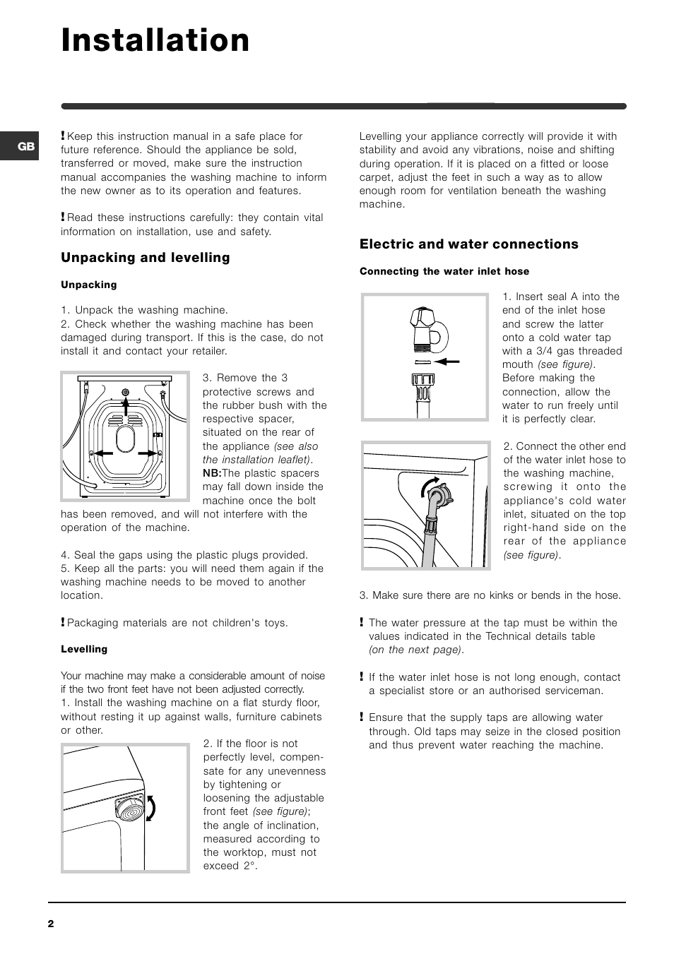 Installation, Unpacking and levelling, Electric and water connections | Indesit WIE147UKTEV [CC 44234] User Manual | Page 2 / 16