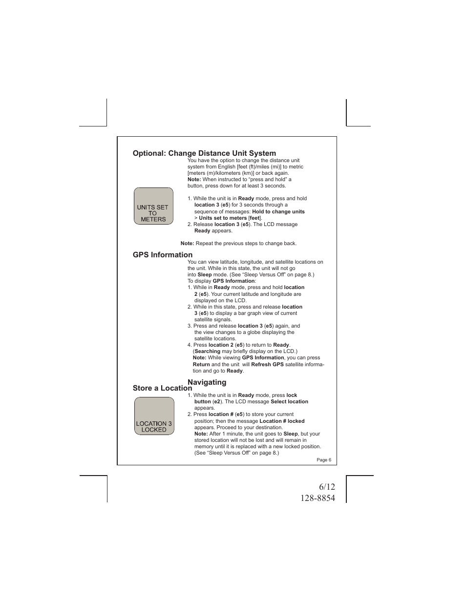 Optional: change distance unit system, Gps information, Navigating store a location | Audiovox ECCO 128-8854 User Manual | Page 6 / 12
