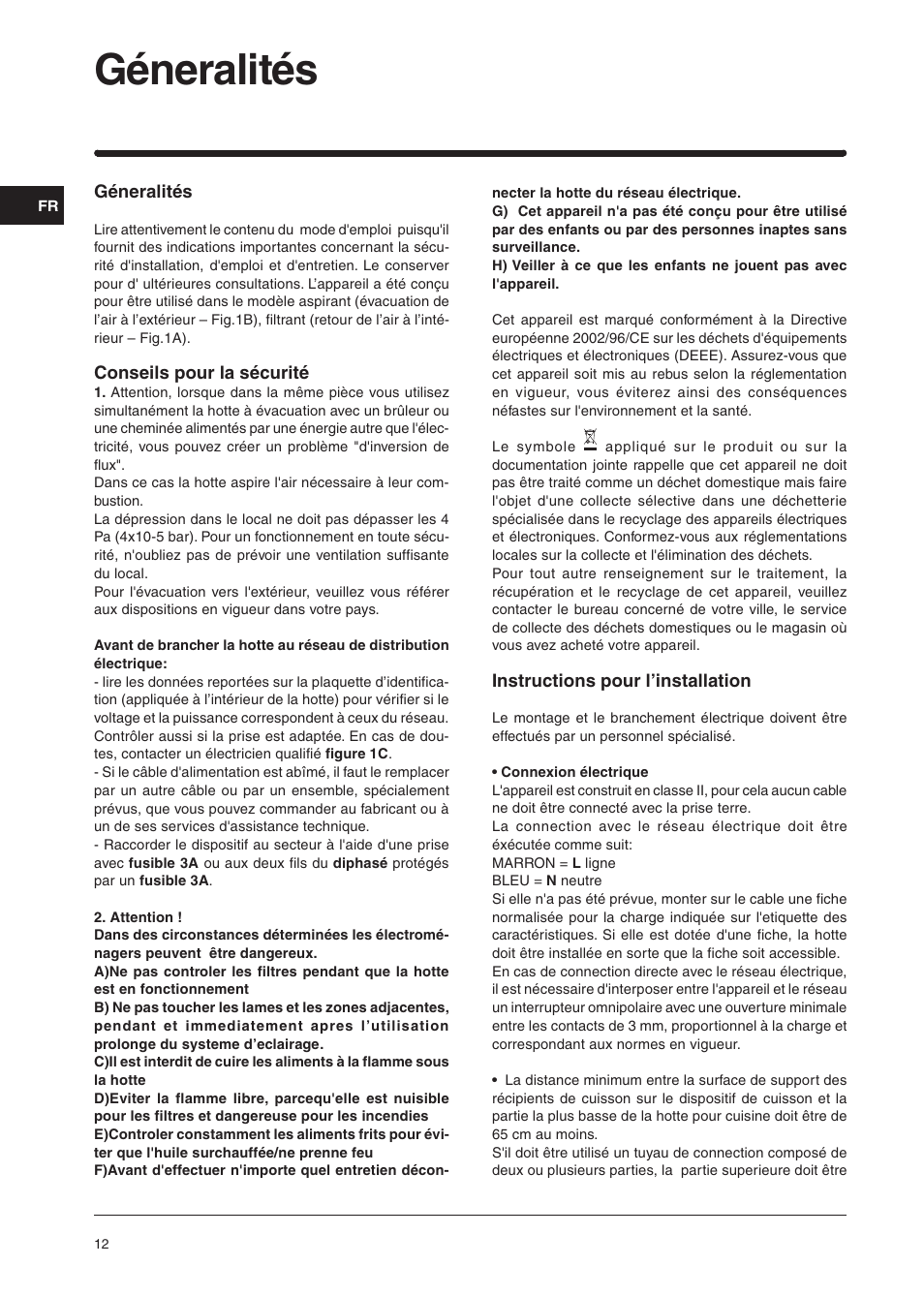 Géneralités | Indesit H961FIXUK User Manual | Page 12 / 36