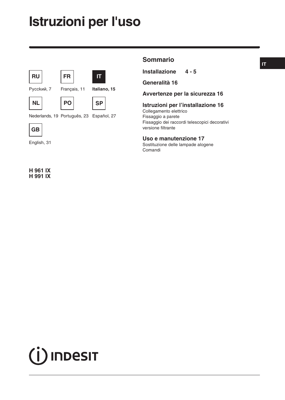 Istruzioni per l'uso | Indesit H961FIXUK User Manual | Page 15 / 36