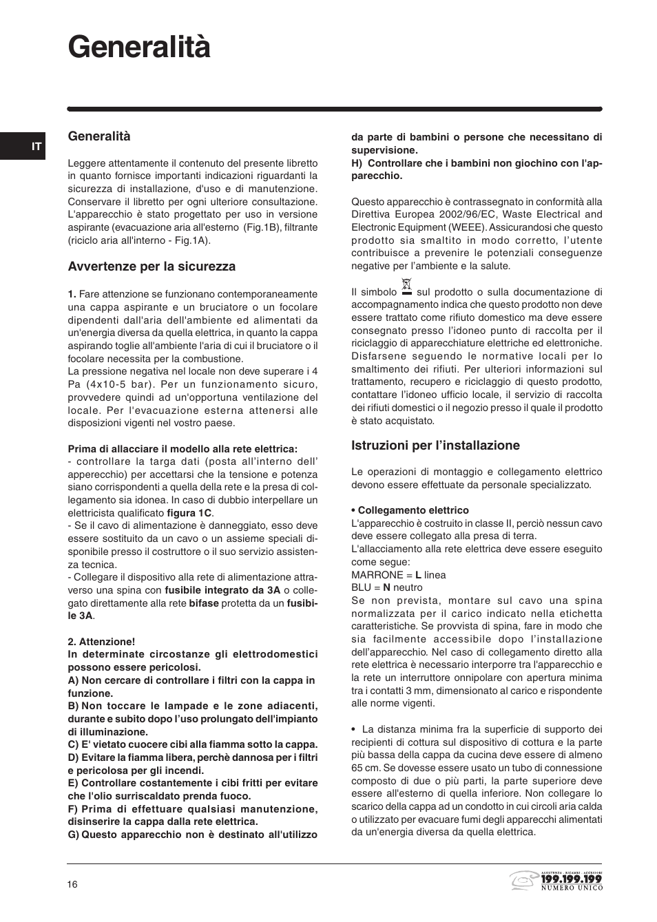 Generalità | Indesit H961FIXUK User Manual | Page 16 / 36