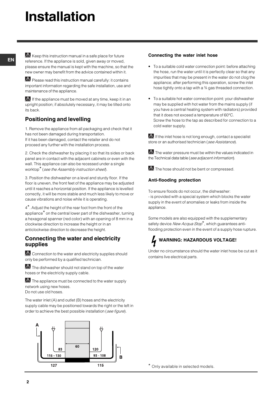 Installation, Positioning and levelling, Connecting the water and electricity supplies | Indesit DPG15 User Manual | Page 2 / 12