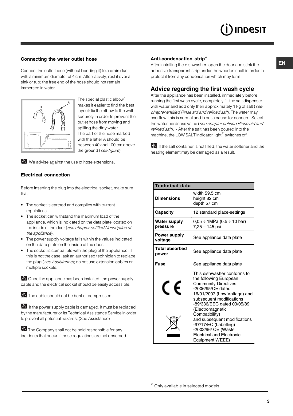 Advice regarding the first wash cycle | Indesit DPG15 User Manual | Page 3 / 12