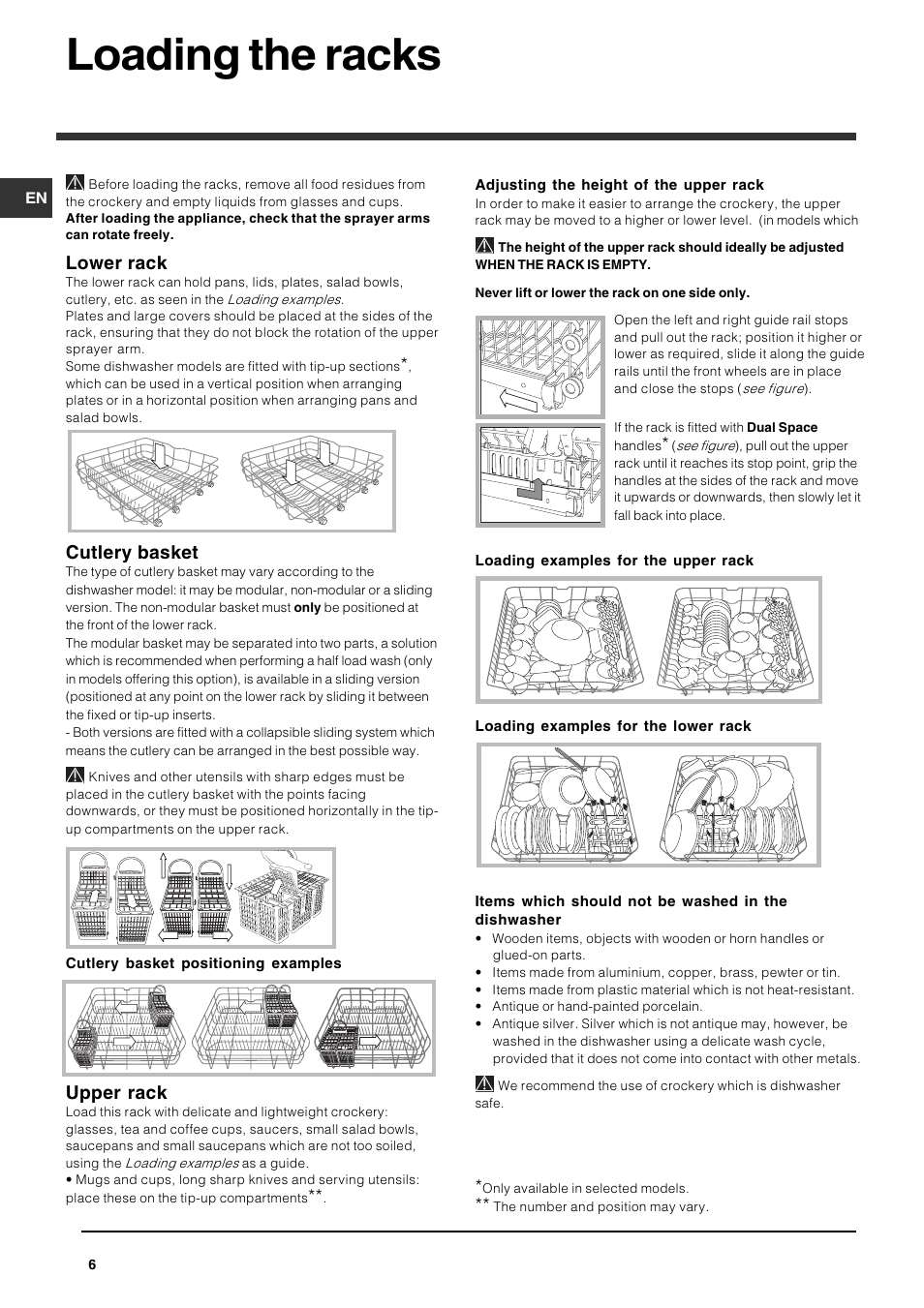 Loading the racks, Lower rack, Cutlery basket | Upper rack | Indesit DPG15 User Manual | Page 6 / 12