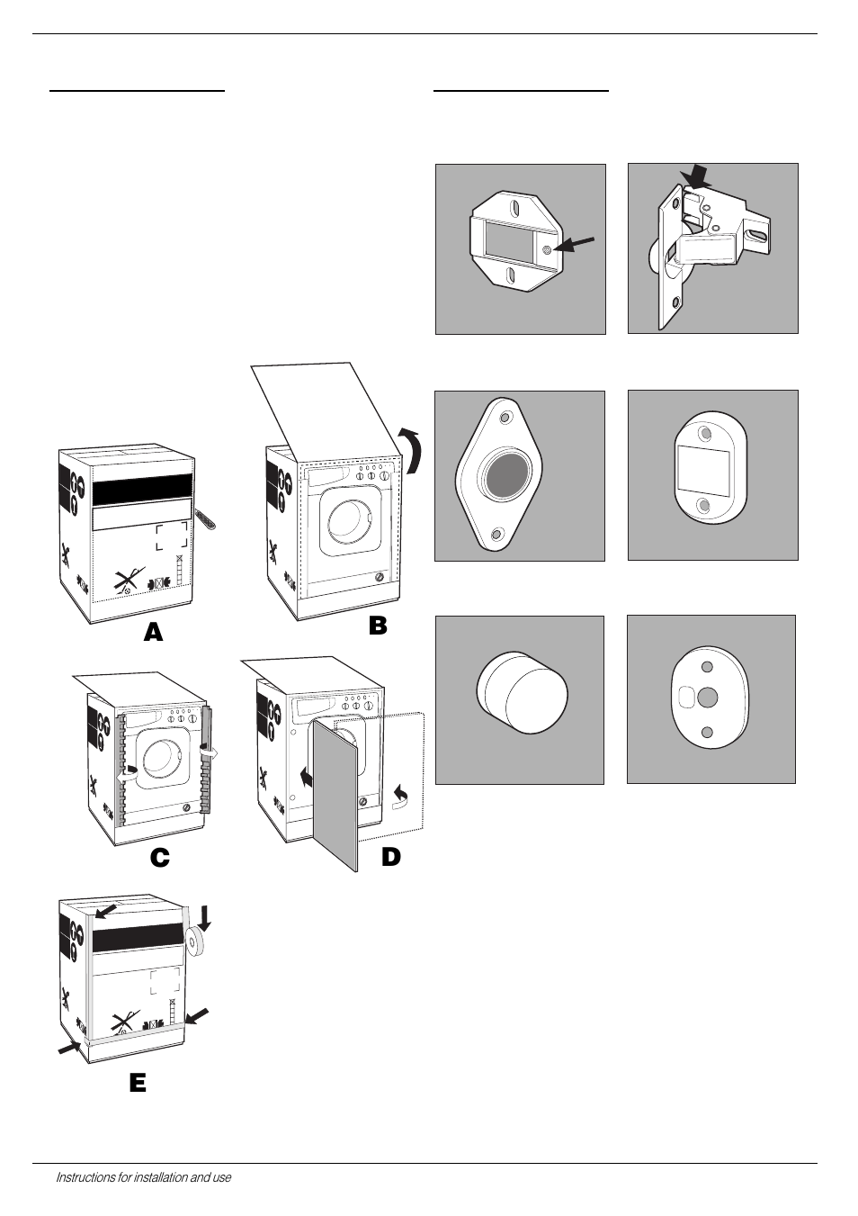 Instructions for the fitter, Ab c d e, Instructions for installation and use | Fig. 4/b n° 1 spacer | Indesit WD12XUK User Manual | Page 14 / 20
