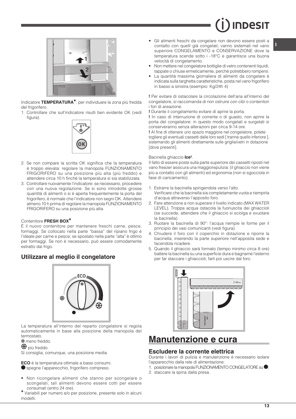 Manutenzione e cura, Utilizzare al meglio il congelatore, Escludere la corrente elettrica | Indesit BIAA-13-F-H User Manual | Page 13 / 48