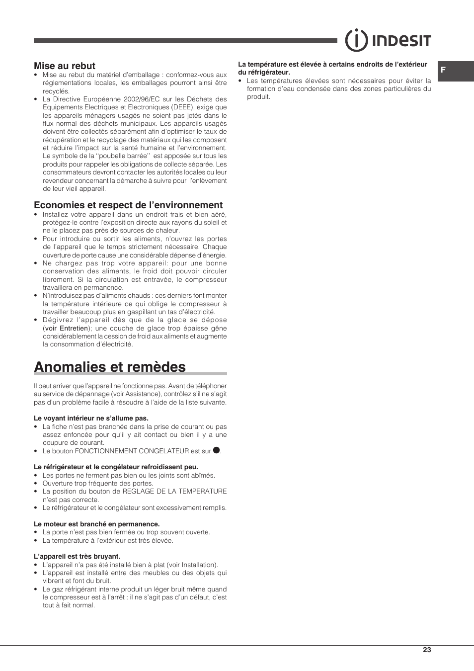 Anomalies et remèdes, Mise au rebut, Economies et respect de l’environnement | Indesit BIAA-13-F-H User Manual | Page 23 / 48