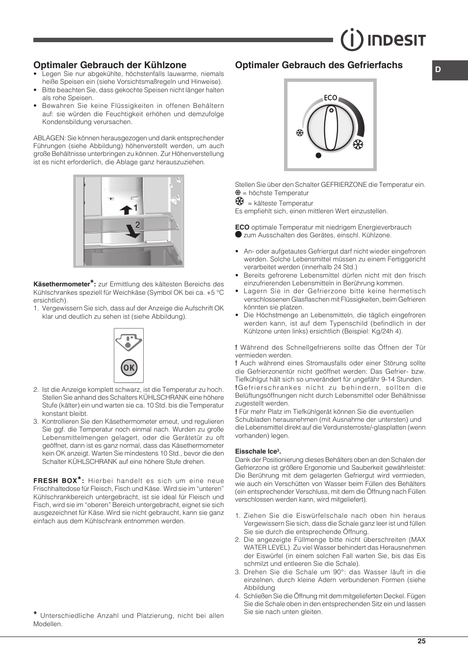 Optimaler gebrauch der kühlzone, Optimaler gebrauch des gefrierfachs | Indesit BIAA-13-F-H User Manual | Page 25 / 48