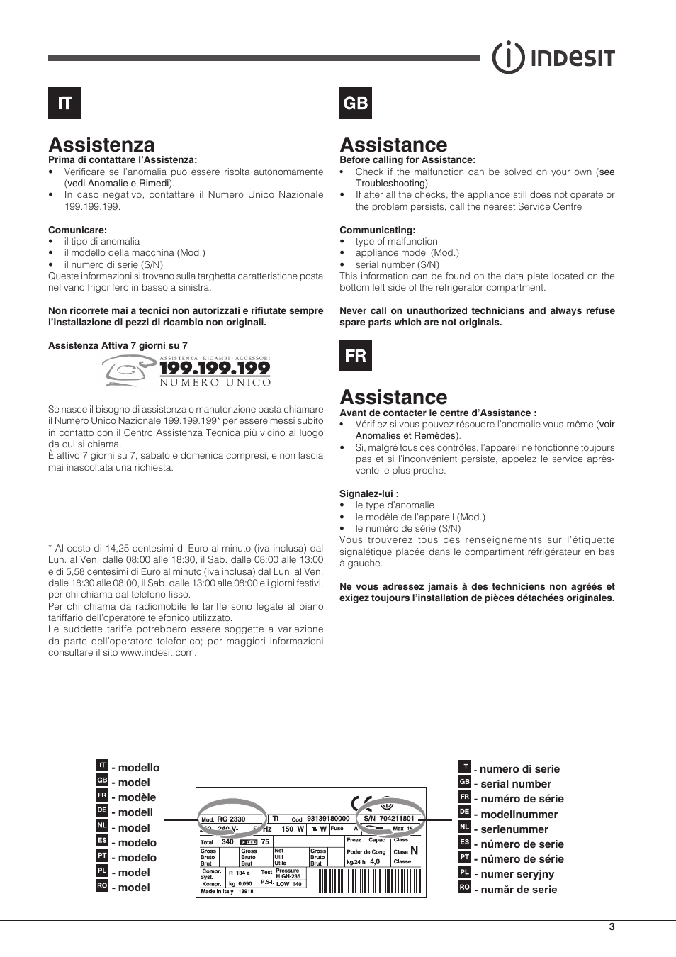 Assistenza, Assistance | Indesit BIAA-13-F-H User Manual | Page 3 / 48