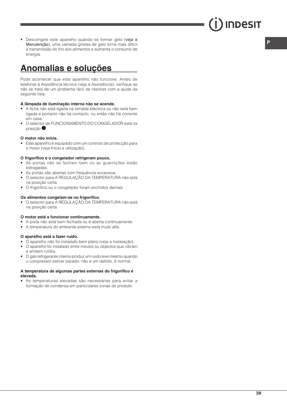 Anomalias e soluções | Indesit BIAA-13-F-H User Manual | Page 39 / 48